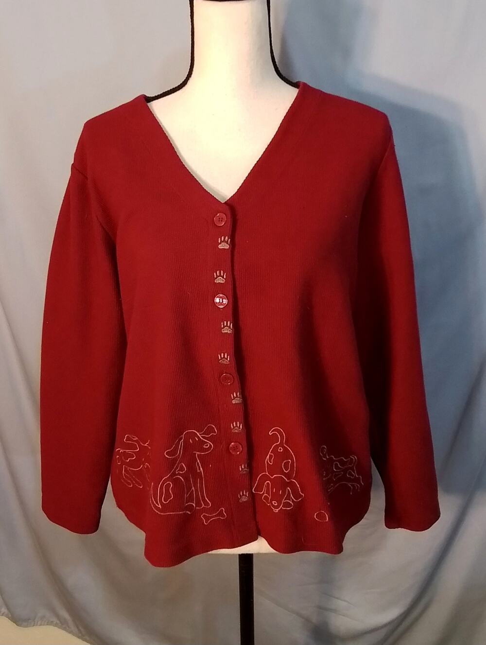 Christopher & Banks Red Cardigan / sweater with stitched puppies